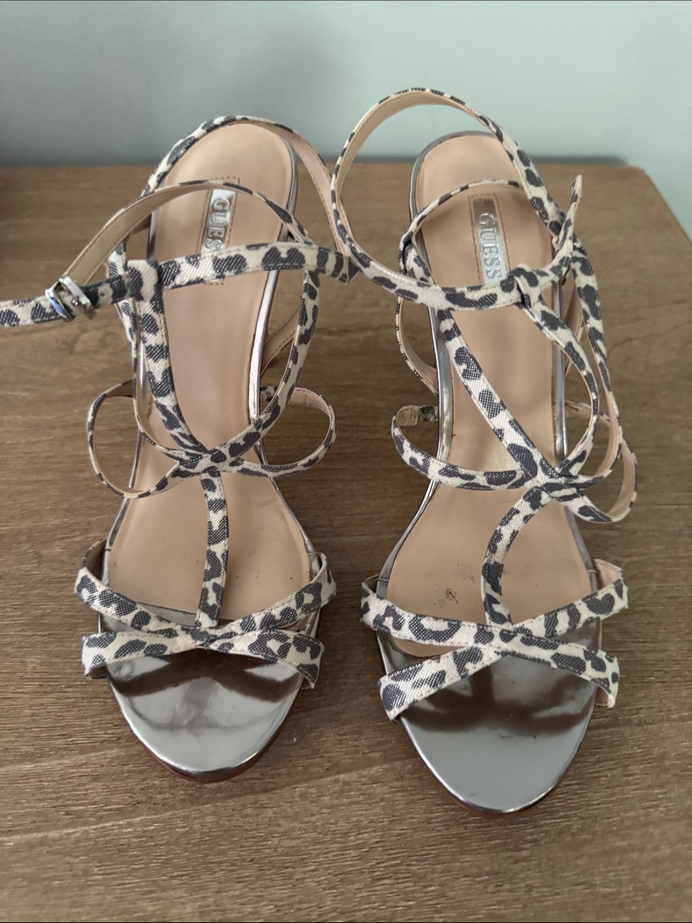GUESS Leopard-Print Strappy Heels with Silver Toe Cap